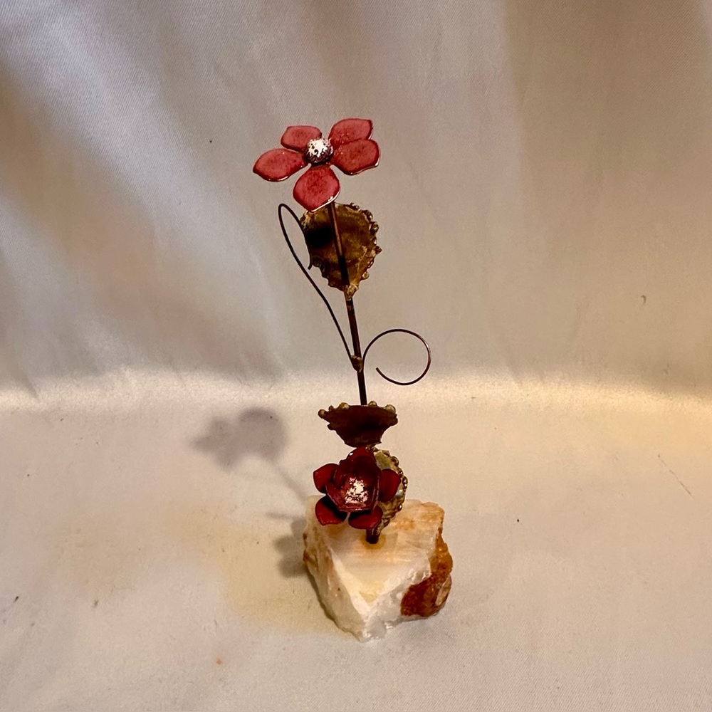 Mid-Century Enamelled Brass Pink Flower Sculpture on Stone Base